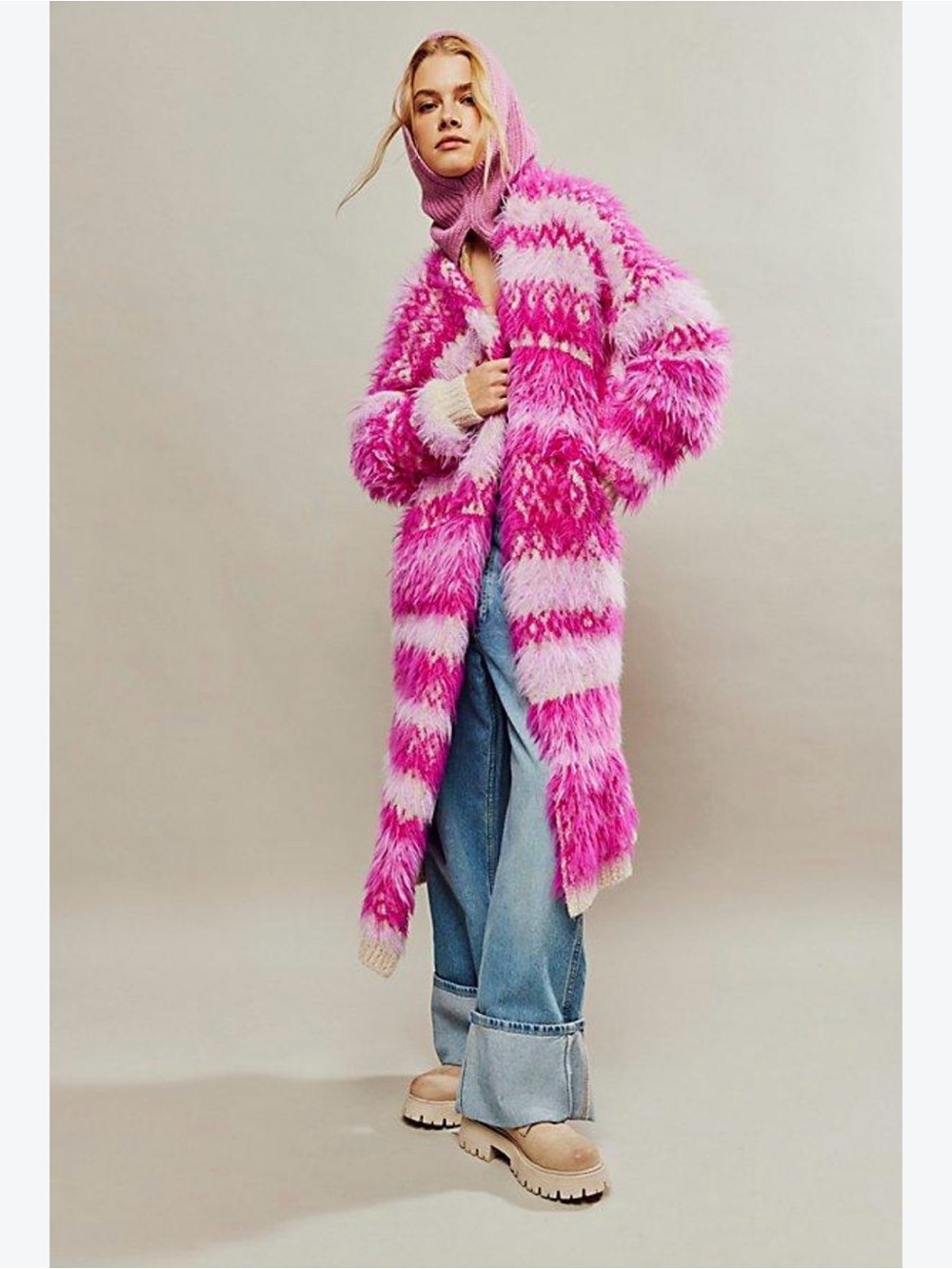 Free People Pink Striped long sweater cardigan